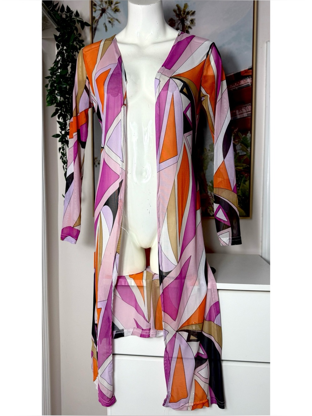 NYC Purple Orange Geometric Print Mesh Sheer Long Duster Cardigan Size Medium